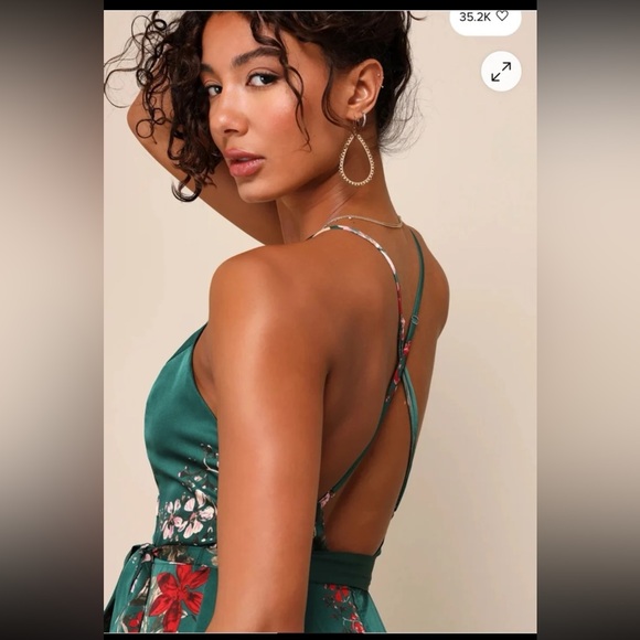 Lulus Still the One Emerald Green Floral Print Satin Maxi Dress size Small - Picture 5 of 12